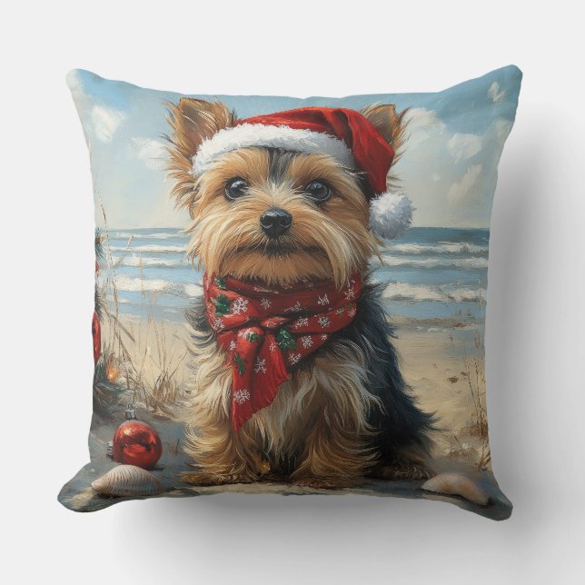 Coussin Chien Yorkshire Terrier Noël Plage Vintage (Recto)