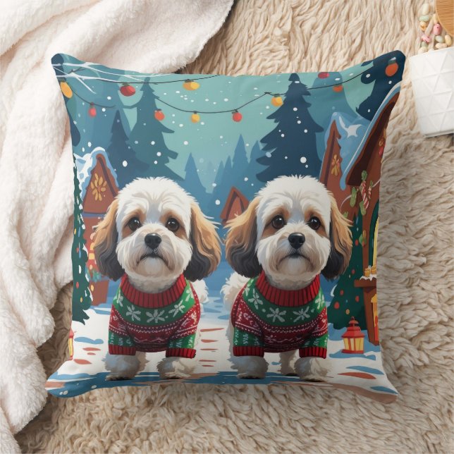 Coussin Chiens Bichon Frise Noël Neige Fêtes (Couverture)
