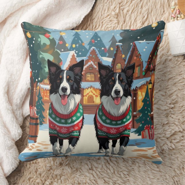 Coussin Chiens Border Collie Noël Neige Fêtes (Couverture)