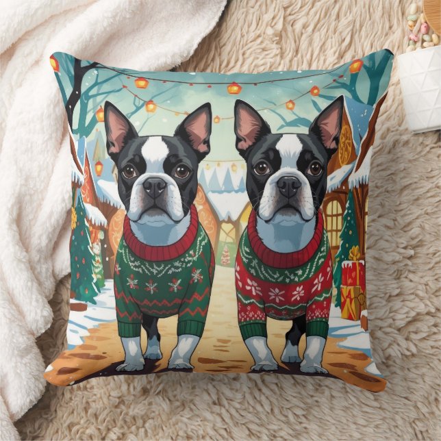 Coussin Chiens Boston Terrier Noël Neige Fêtes (Couverture)