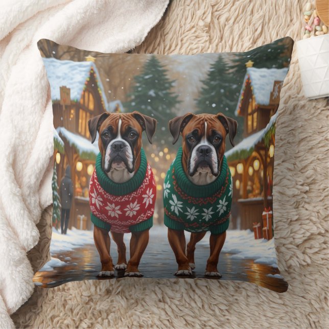 Coussin Chiens Boxers Noël Neige Fêtes  (Couverture)