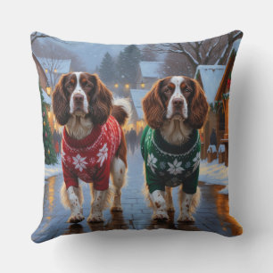 Coussin Chiens Brittany Spaniel Noël Neige Fêtes