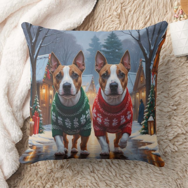 Coussin Chiens Bull Terrier Noël Neige Fêtes (Couverture)