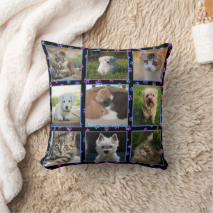 Coussin Chiens Chats Bleu violet rose Empreintes de pattes