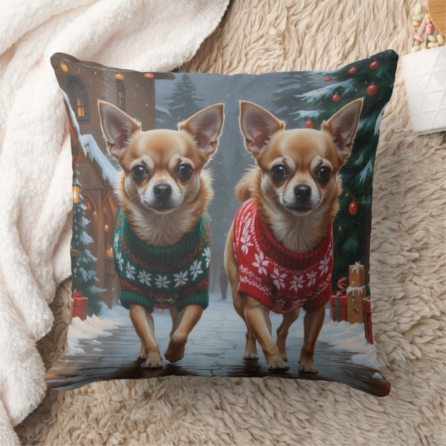 Coussin Chiens Chihuahua Noël Neige Fêtes (Couverture)
