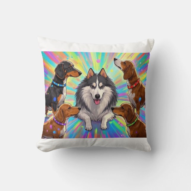 Coussin Chiens Chiots avec fond arc-en-ciel (Recto)