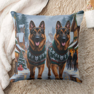 Coussin Chiens de berger allemands Noël Neige Fêtes