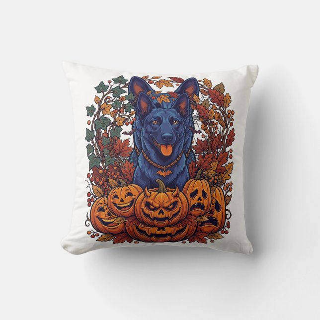 Coussin Chiens de combat Bleus Citrouilles d'Halloween Feu (Recto)