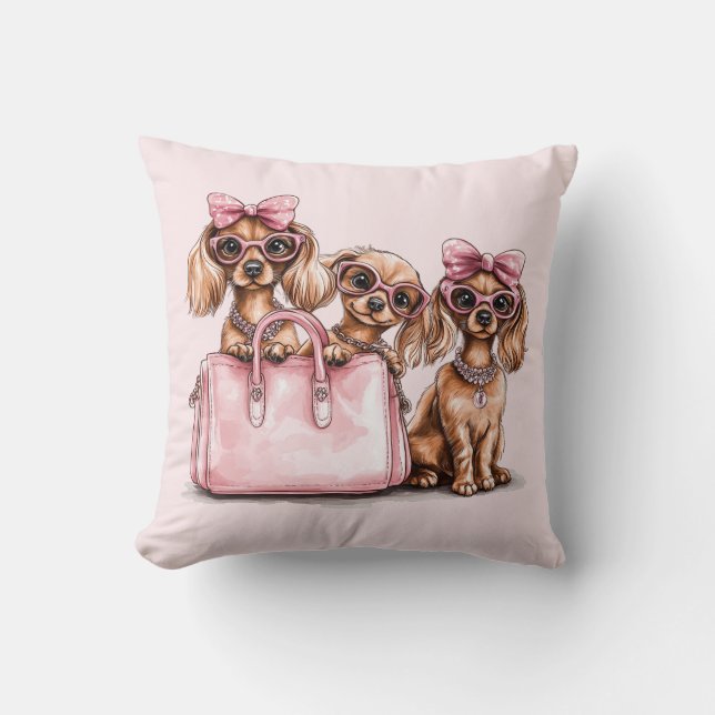 Coussin Chiens de Dachshund à la mode Porte-monnaie rose (Recto)