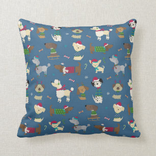 Coussin Chiens de Noël mignons Motif de dessin en bleu