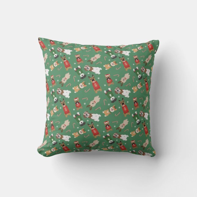 Coussin Chiens de Noël Motif Rouge Vert (Recto)
