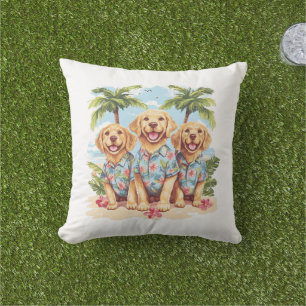 Coussin Chiens d'or rétriquant portant des chemises hawaïe