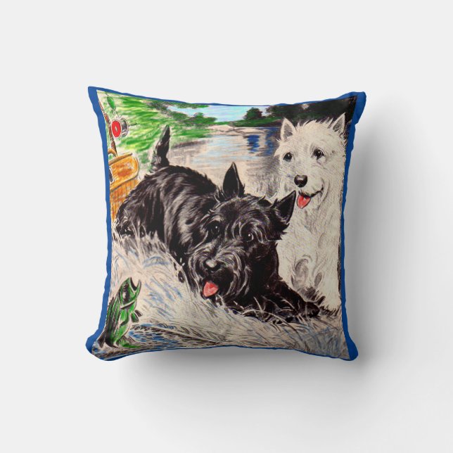 Coussin Chiens écossais Blackie et Whity à la pêche (Recto)