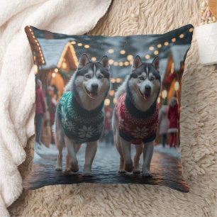 Coussin Chiens Husky Sibérien Noël Neige Vacances