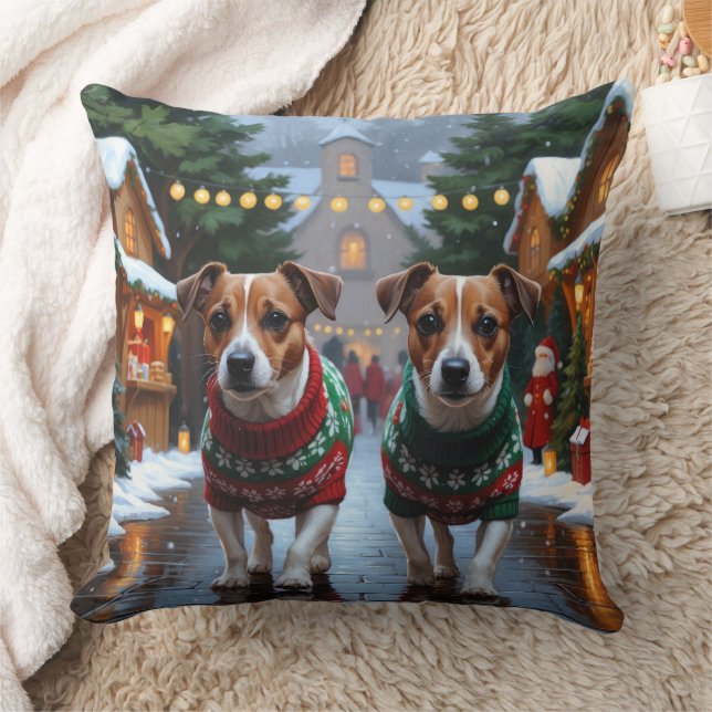 Coussin Chiens Jack Russell Noël Neige Fêtes (Couverture)