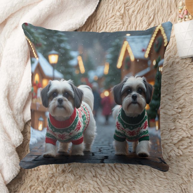Coussin Chiens Malti Tzu Noël Neige Fêtes (Couverture)