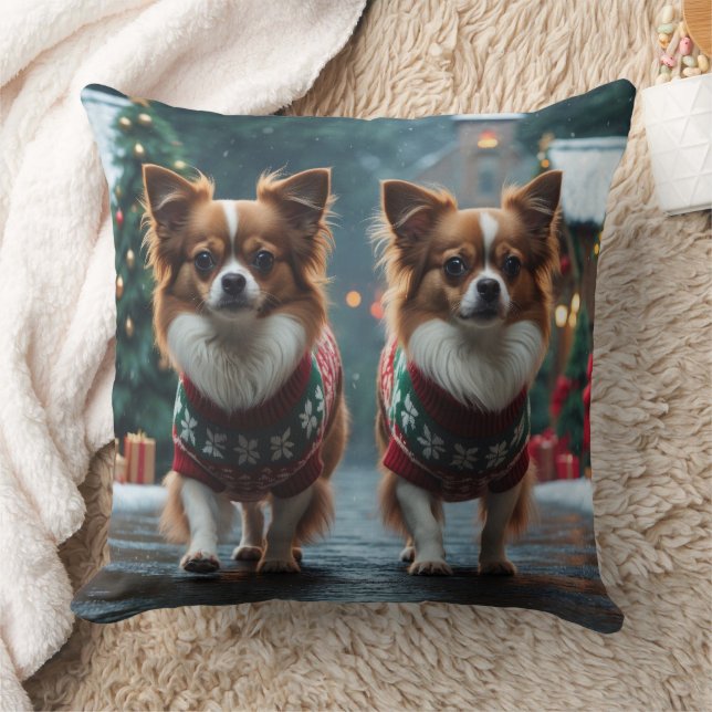 Coussin Chiens Papillon Noël Neige Fêtes (Couverture)