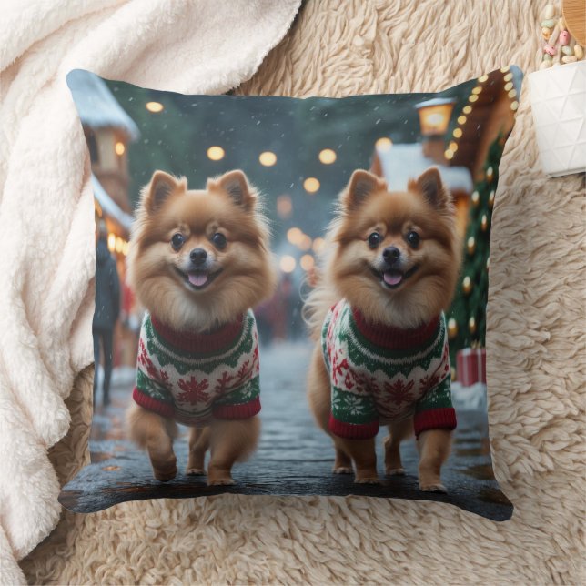 Coussin Chiens Poméraniens Noël Neige Vacances  (Couverture)