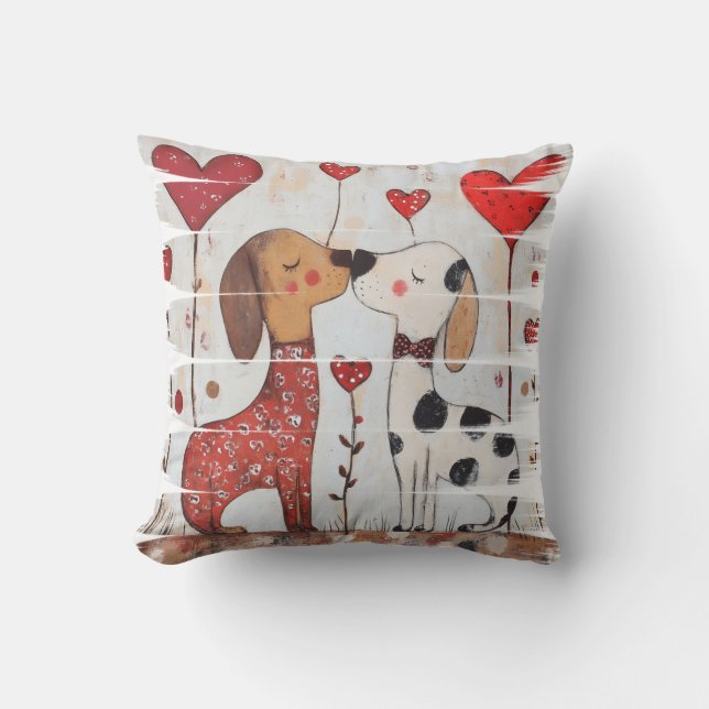 Coussin Chiens Romantiques avec Ballons en Forme de Cœur (Recto)