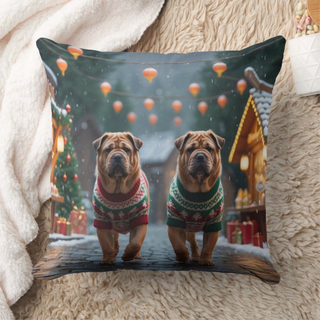 Coussin Chiens Shar Pei Noël Neige Fêtes (Couverture)