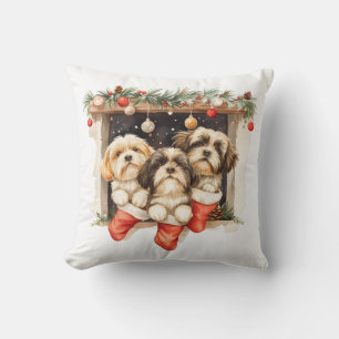 Coussin Chiens Shih Tzu de Noël