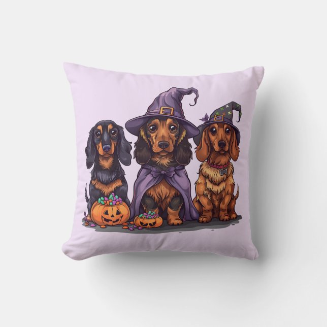 Coussin Chiens sorciers Halloween Dachshund (Recto)