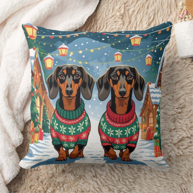 Coussin Chiens Teckel Noël Neige Fêtes (Couverture)
