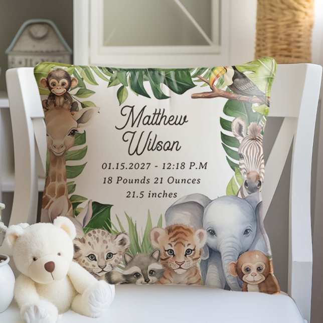 Coussin Chiffres de naissance de bébé sur le thème Safari  (Jungle Animals Themed New Baby Boy Nursery Pillow Birth Stats)