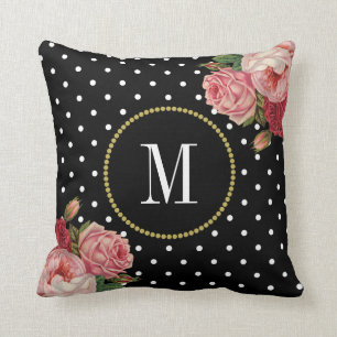 Coussin Chiffres noirs blancs Vintages Monogramme floral