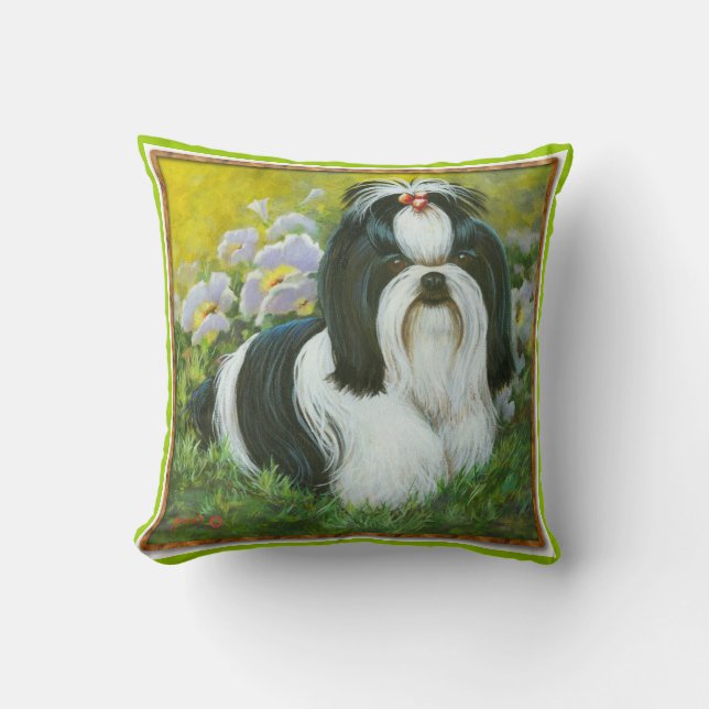 Coussin Chih Tzu noir et blanc dans le jardin (Recto)