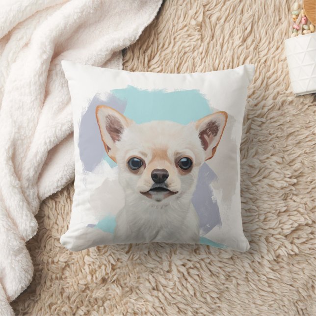 Coussin Chihuahua blanc mignon avec Arrière - plan bleu Ab (Couverture)