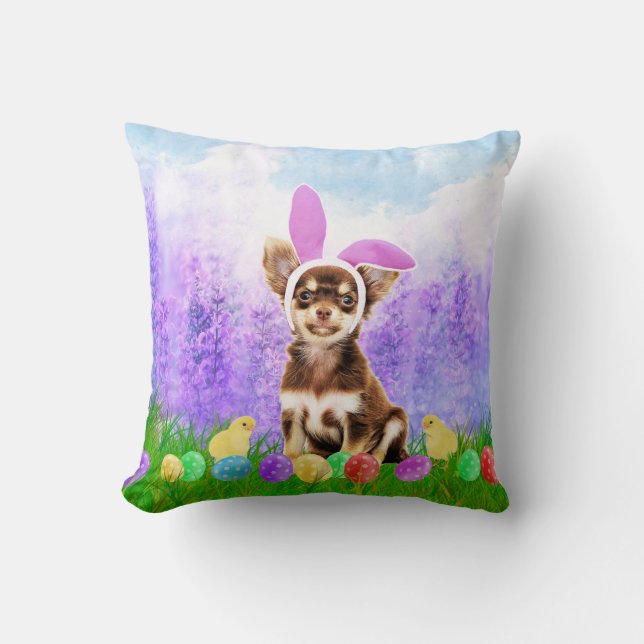 Coussin Chihuahua Chien avec oeufs de Pâques Poussins lapi (Recto)