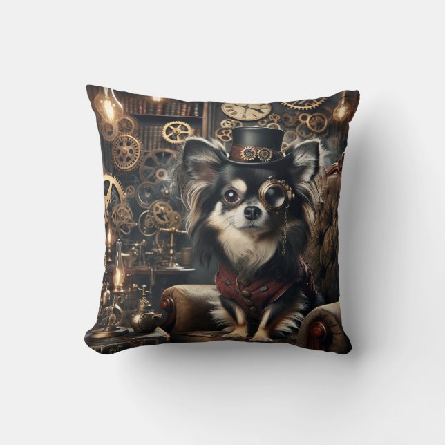 Coussin Chihuahua Steampunk noir et blanc aux cheveux long (Recto)