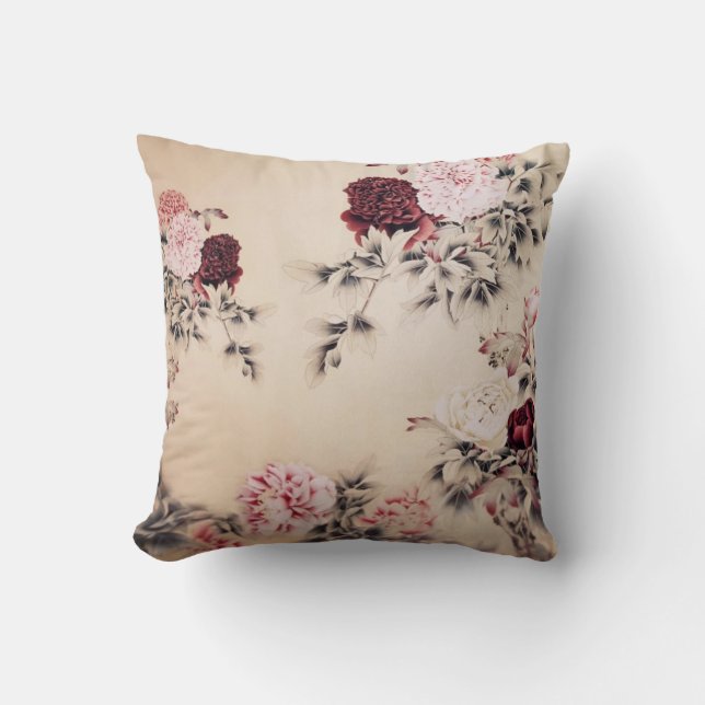 Coussin Chinois aquarelle rose poony vintage floral (Recto)