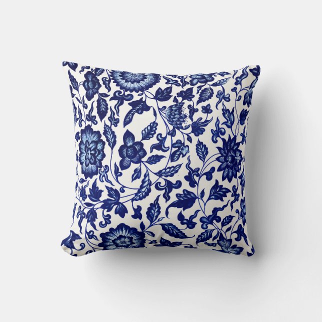Coussin Chinois bleu marine foncé motif floral sur blanc (Recto)