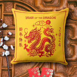 Coussin Chinois Lunaire Dragon de Nouvel An 2024 Rouge Foi