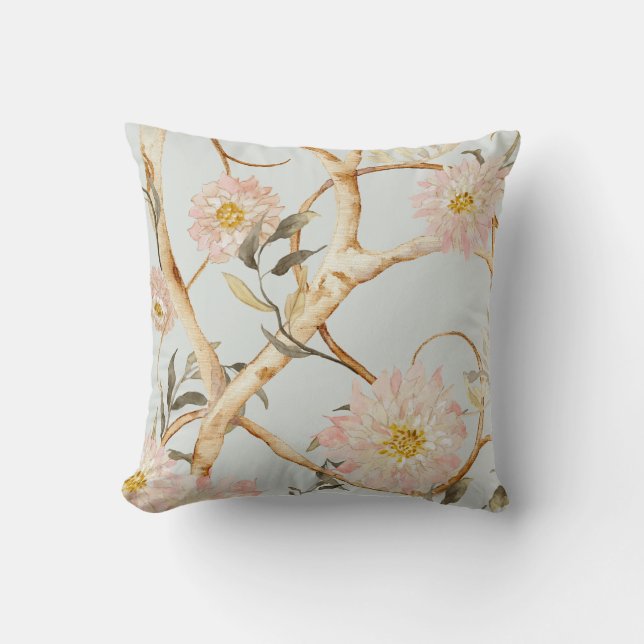 Coussin Chinoiserie Aquarelle Floral Dusty Blue n Rose (Recto)