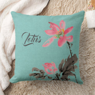 Coussin Chinoiserie Aquarelle peinture Floral Lotus Green
