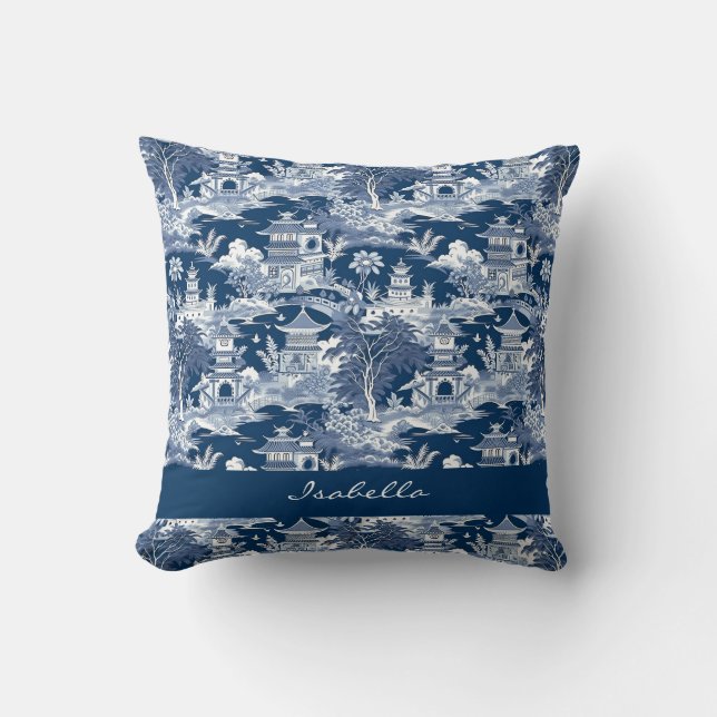 Coussin Chinoiserie Asiatique Paysage Peinture Bleu Blanc (Recto)