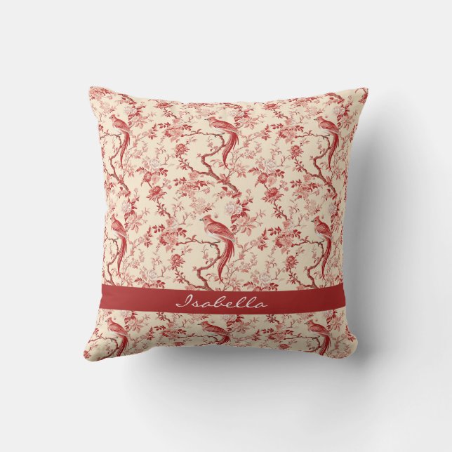 Coussin Chinoiserie Bird Asiatique Floral Rouge rose (Verso)