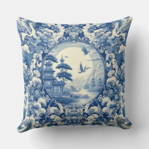 Coussin Chinoiserie Bleu Blanc Asiatique Pagode Grues du l