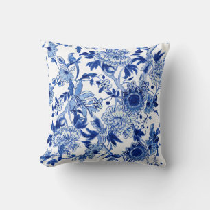 Coussin Chinoiserie Bleue et Blanche Oiseau Floral n Folia