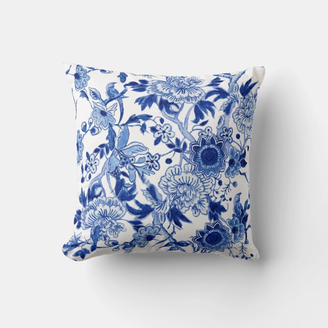 Coussin Chinoiserie Bleue et Blanche Oiseau Floral n Folia (Recto)