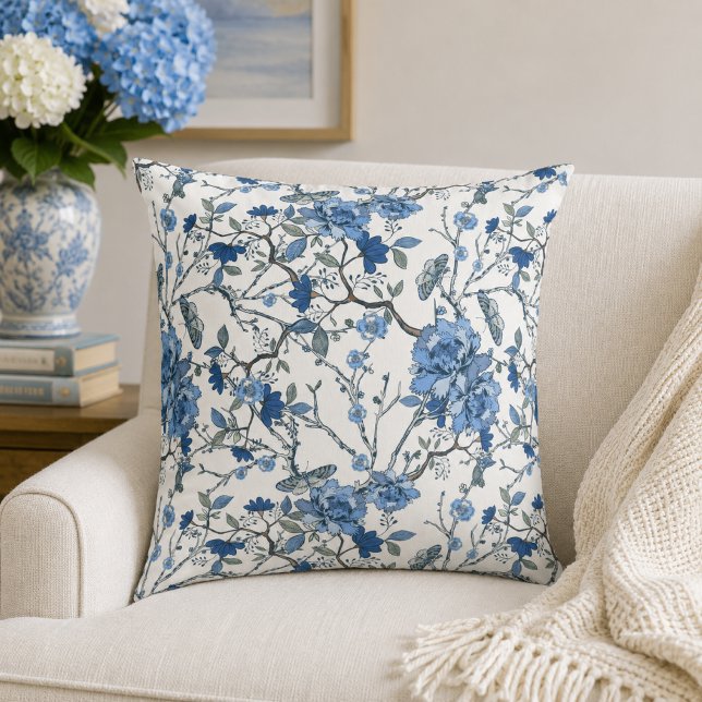 Coussin Chinoiserie Bleue Floral Botanique Vintage (Créateur téléchargé)