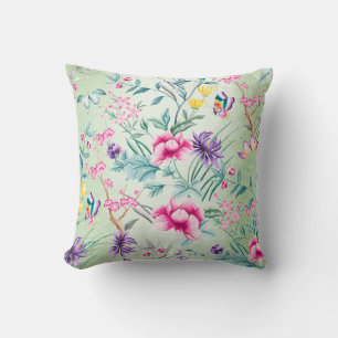 Coussin Chinoiserie bohème Fleurs vertes à menthe tropical
