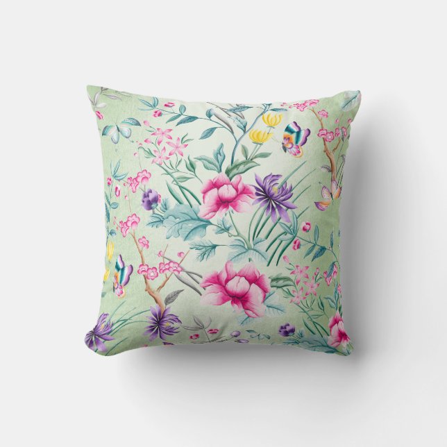Coussin Chinoiserie bohème Fleurs vertes à menthe tropical (Recto)