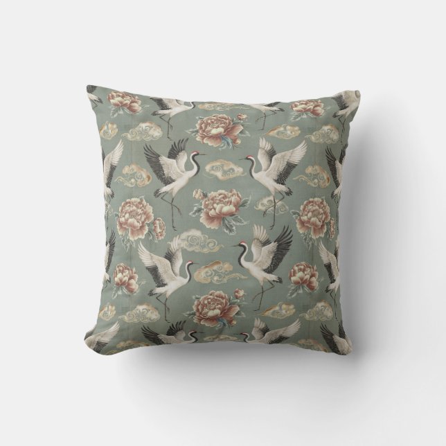 Coussin Chinoiserie Crane and Peony Floral Design (Recto)