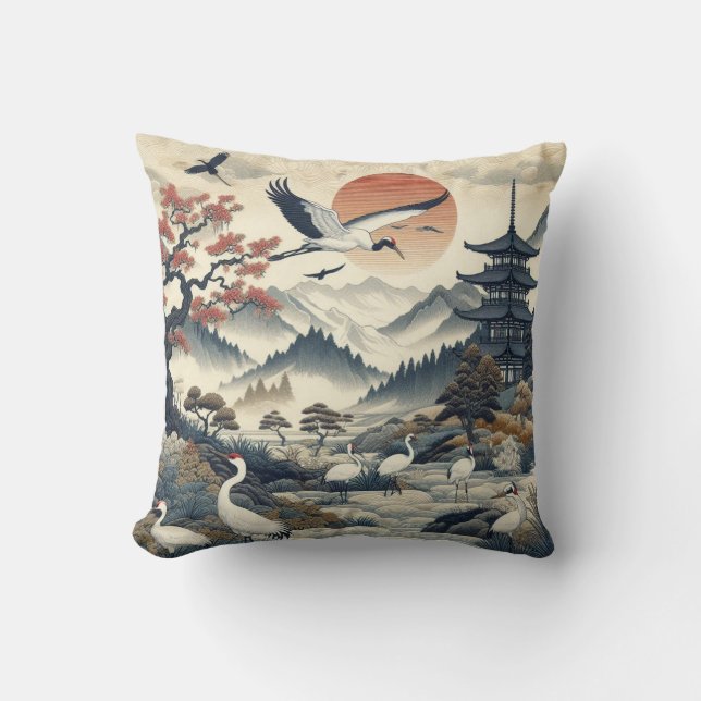 Coussin Chinoiserie Crane Motif paysage oiseaux (Recto)