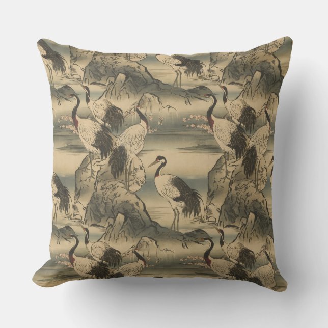 Coussin Chinoiserie Crane paysage d'oiseaux (Recto)