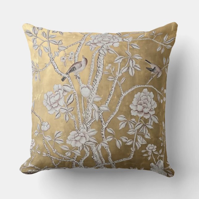 Coussin Chinoiserie d'or avec les oiseaux et la pivoine fl (Recto)